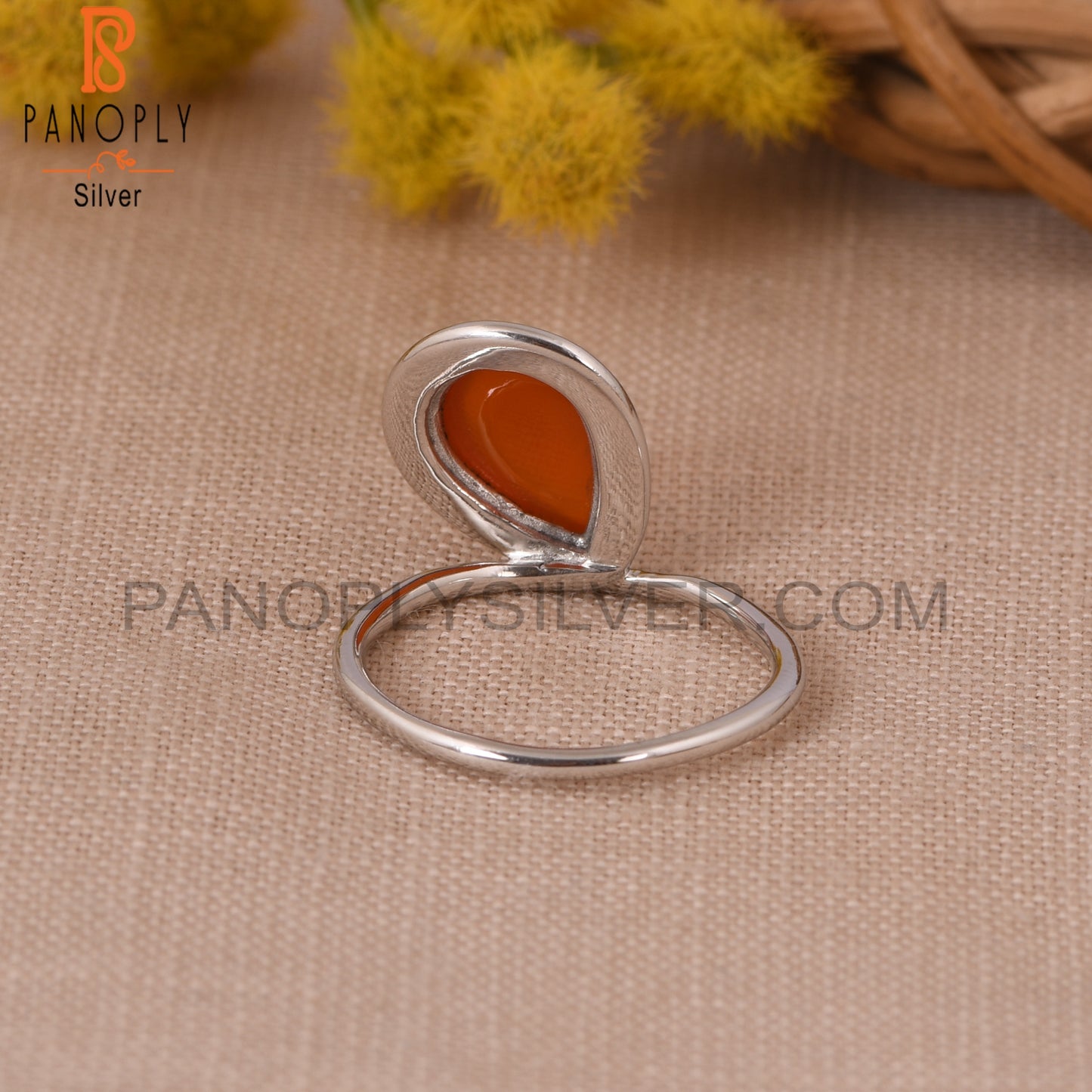 Carnelian Chalcedony 925 Silver White Rhoudim Plated Ring