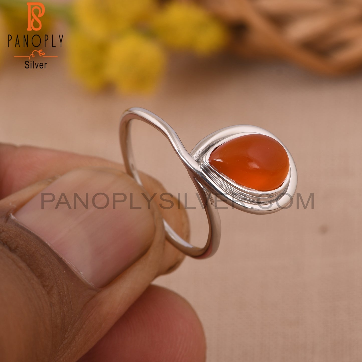 Carnelian Chalcedony 925 Silver White Rhoudim Plated Ring