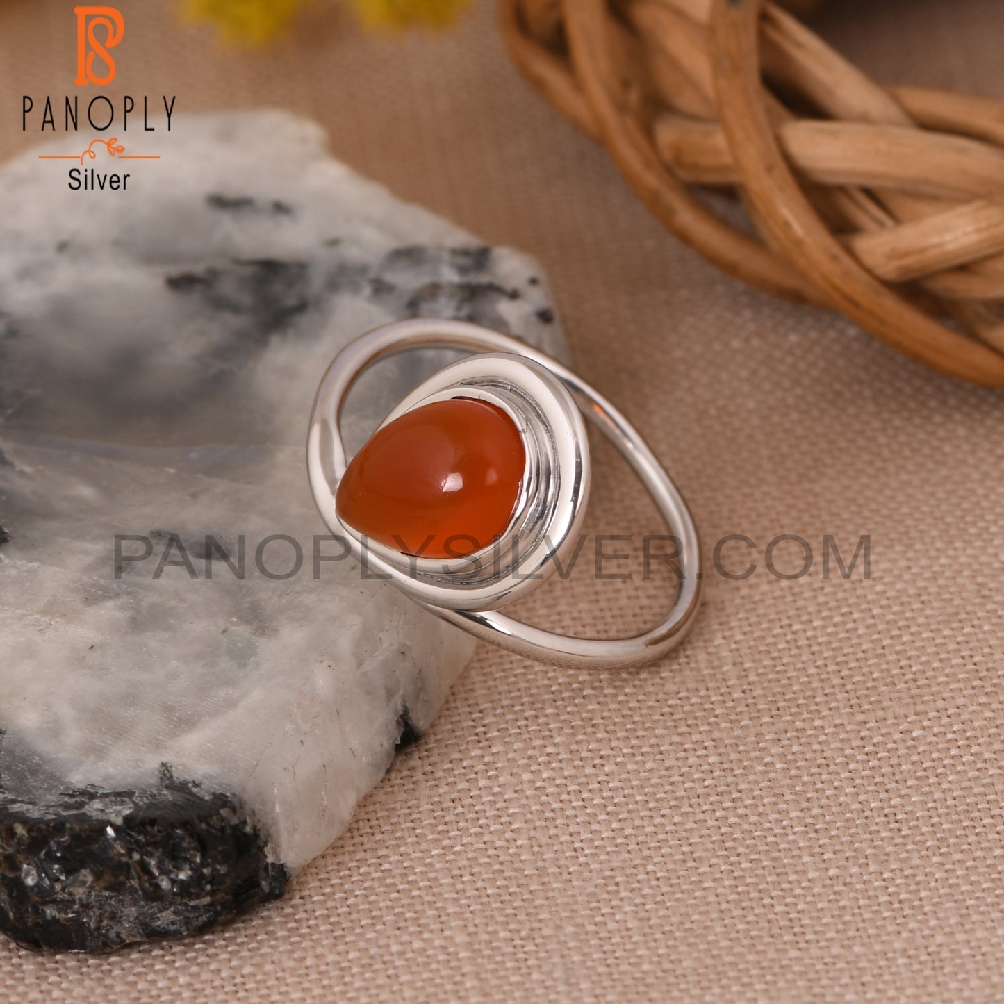 Carnelian Chalcedony 925 Silver White Rhoudim Plated Ring