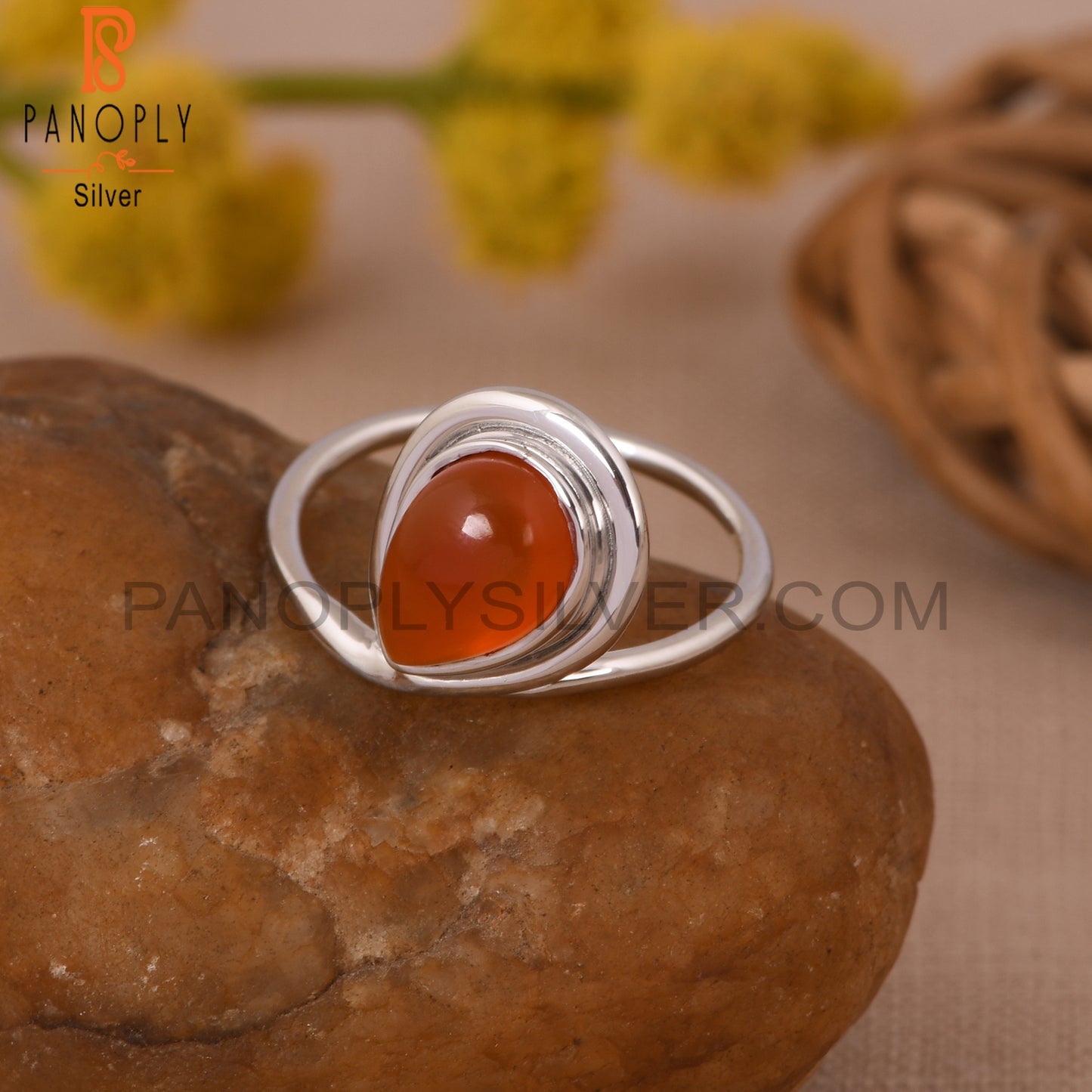 Carnelian Chalcedony 925 Silver White Rhoudim Plated Ring