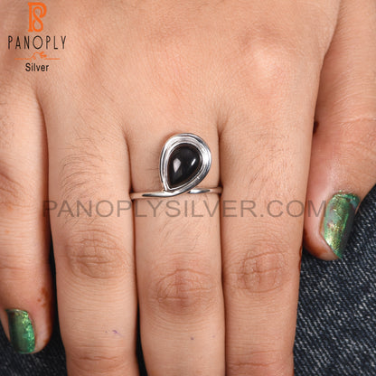 925 Sterling Silver Pear Shape Black Onyx Gemstone Ring