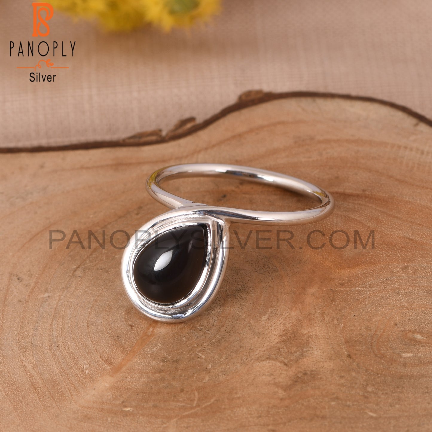 925 Sterling Silver Pear Shape Black Onyx Gemstone Ring