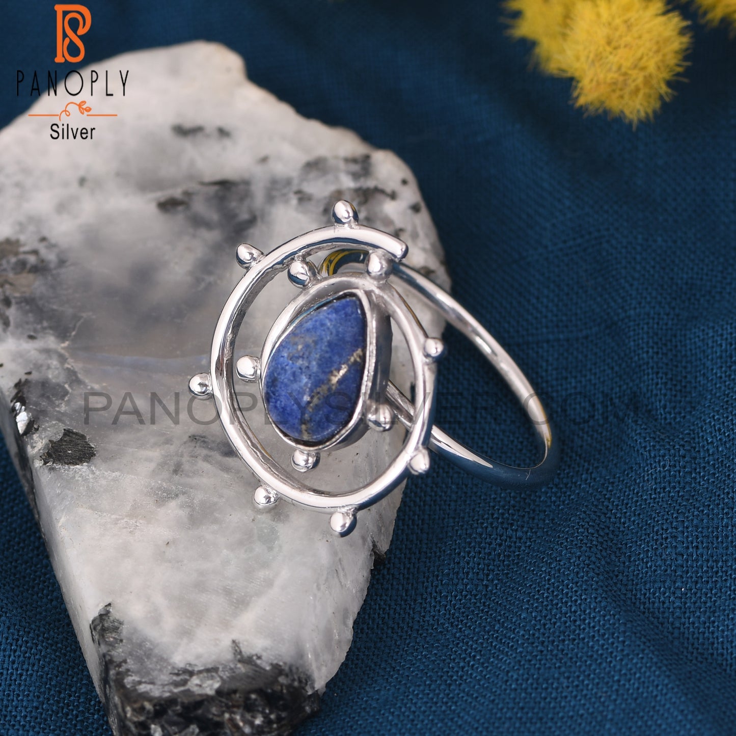 Lapis Lazuli 925 Silver Unique White Rhodium Ring