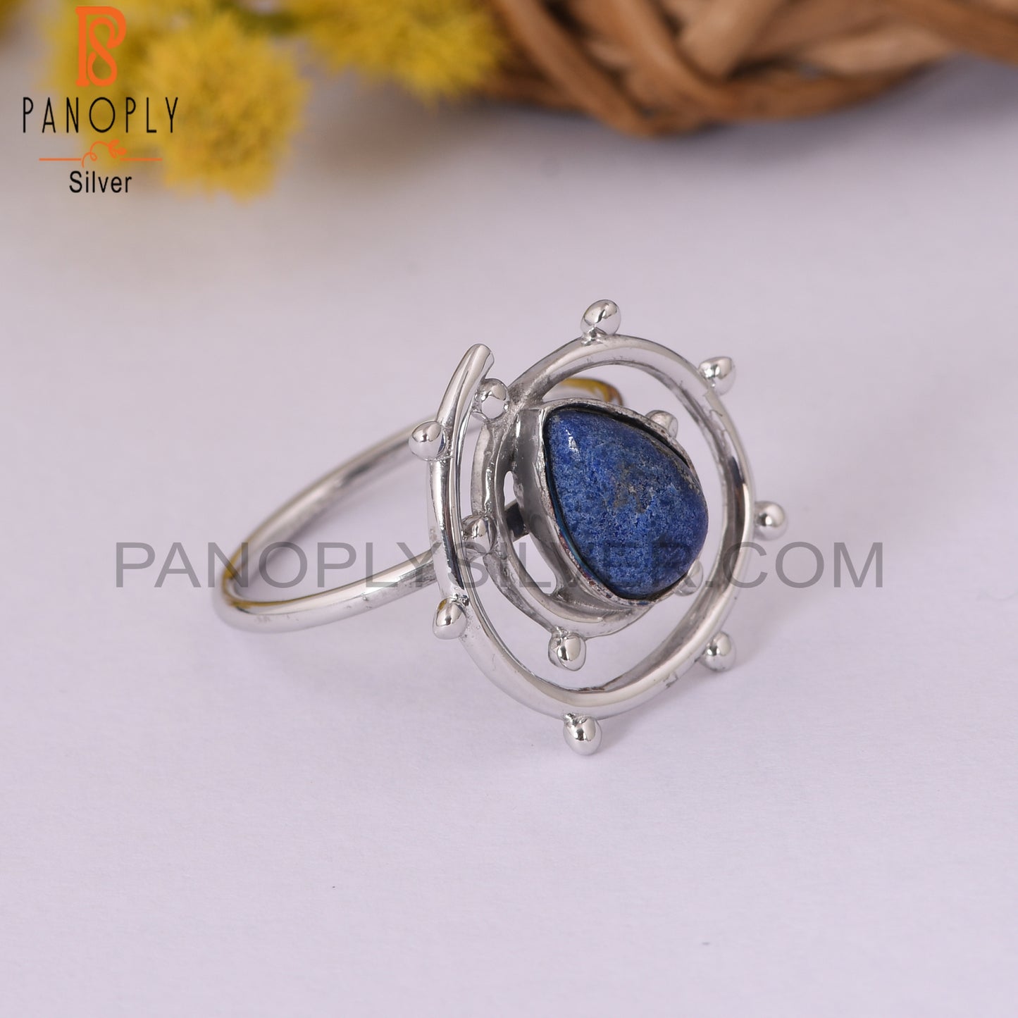 Lapis Lazuli 925 Silver Unique White Rhodium Ring