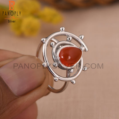Carnelian Chalcedony Gem White Rhodium 925 Hurricane Ring