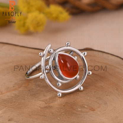 Carnelian Chalcedony Gem White Rhodium 925 Hurricane Ring