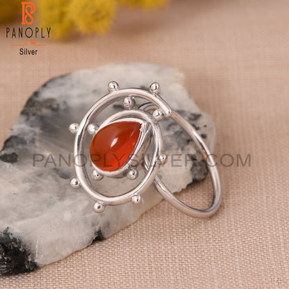 Carnelian Chalcedony Gem White Rhodium 925 Hurricane Ring