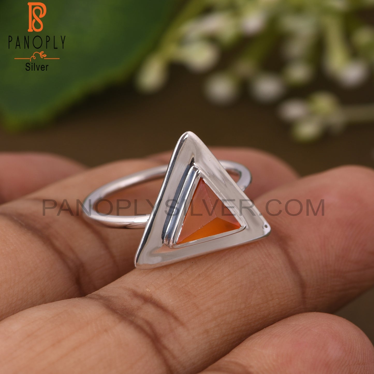 Carnilian Chalcedony Gemstone 925 Silver Triangle Ring
