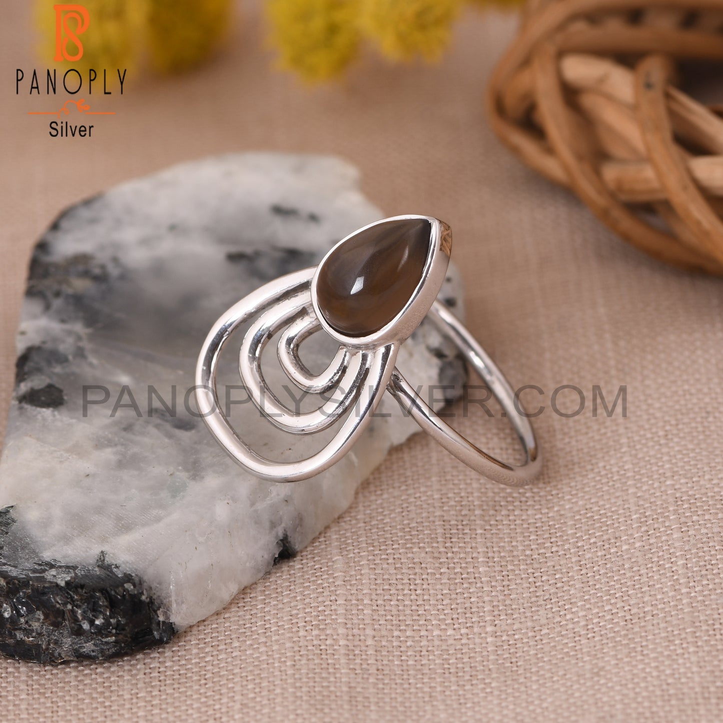 Smoky Quartz Pear 925 Silver White Rhoudim Plated Ring