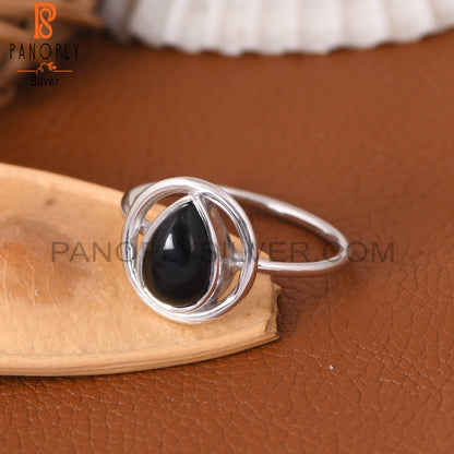 Black Onyx Cabushion Cut Pear Shape 925 Silver Ring