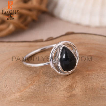 Black Onyx Cabushion Cut Pear Shape 925 Silver Ring