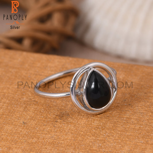 Black Onyx Cabushion Cut Pear Shape 925 Silver Ring