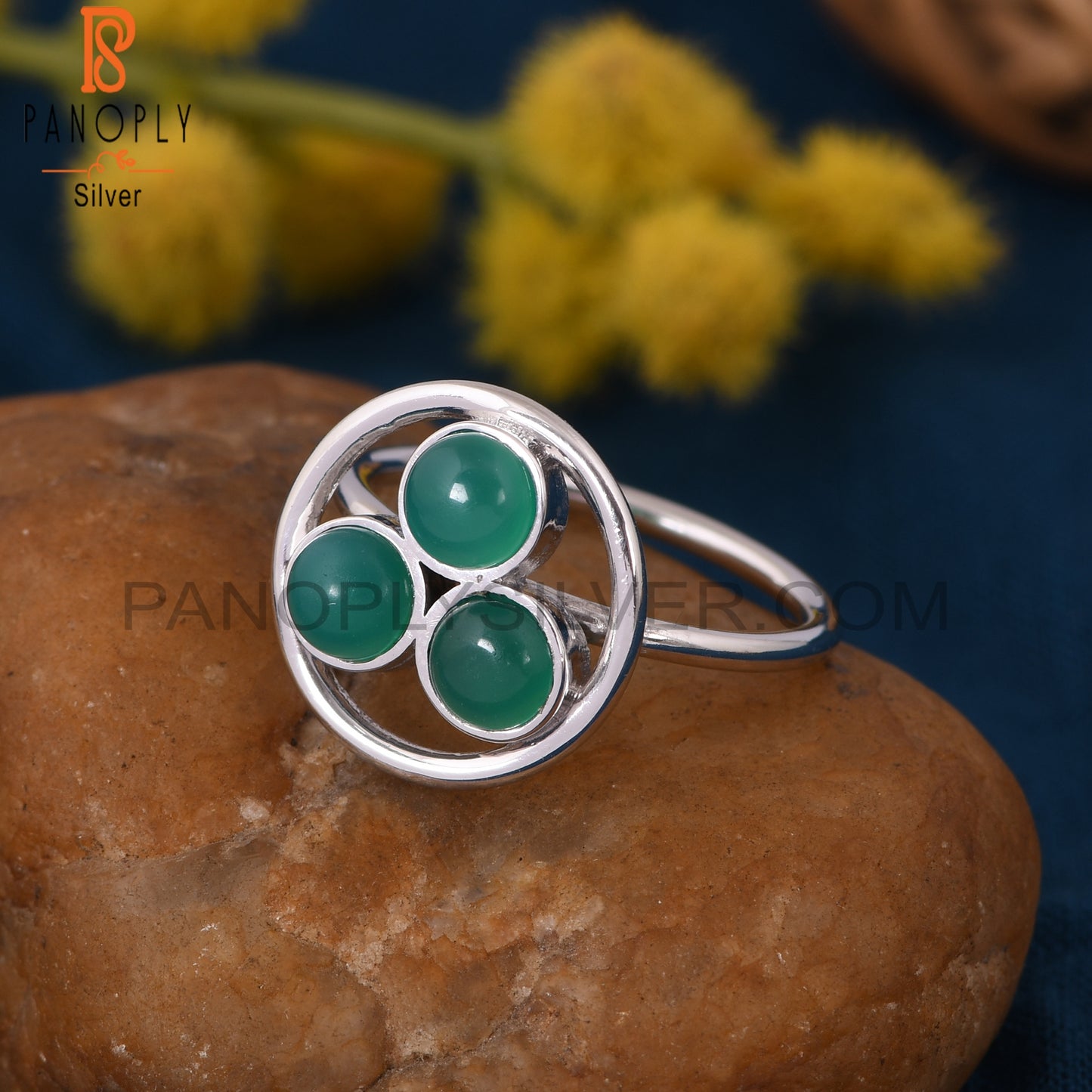 Gemstone Green Onyx 925 Sterling Silver Round Rings