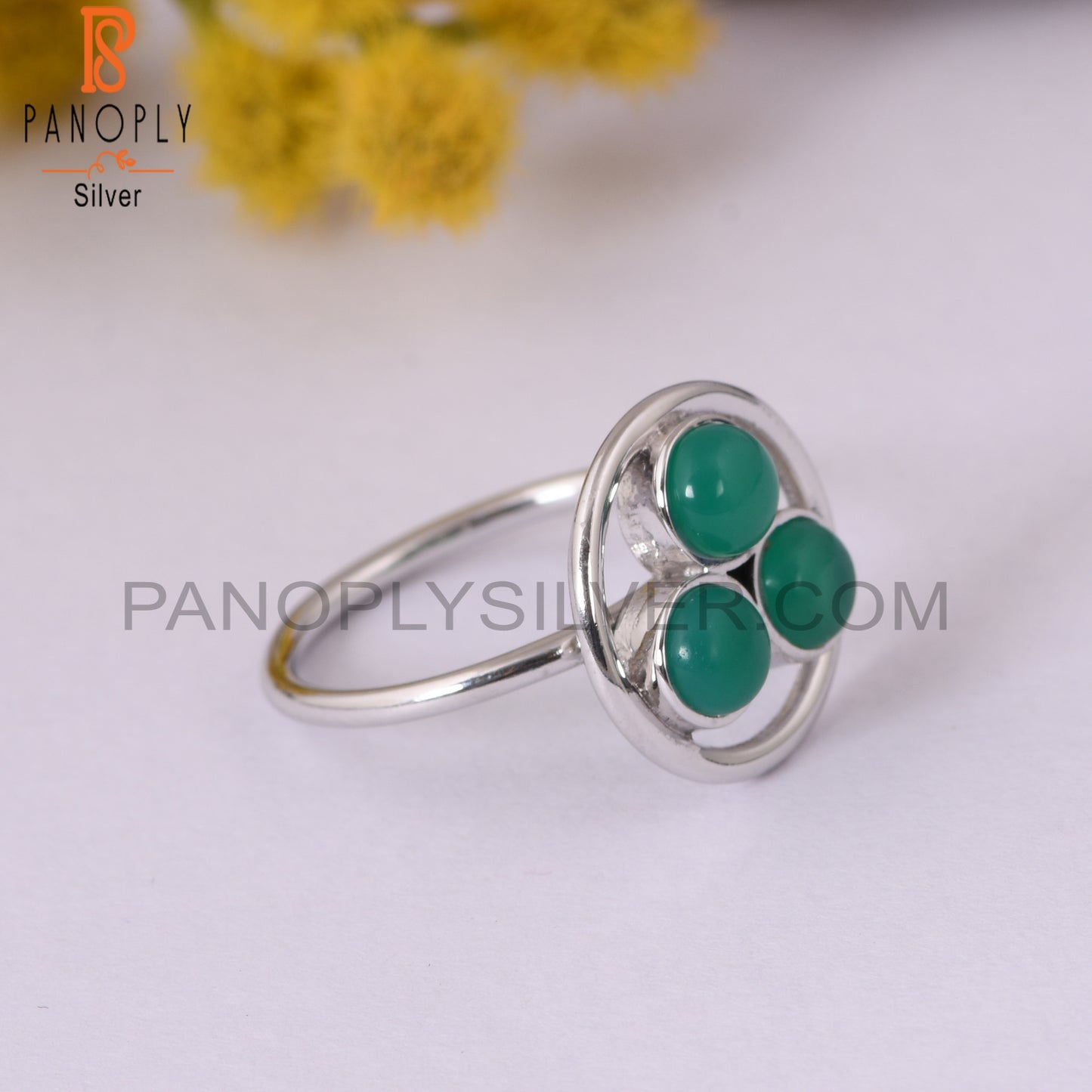 Gemstone Green Onyx 925 Sterling Silver Round Rings