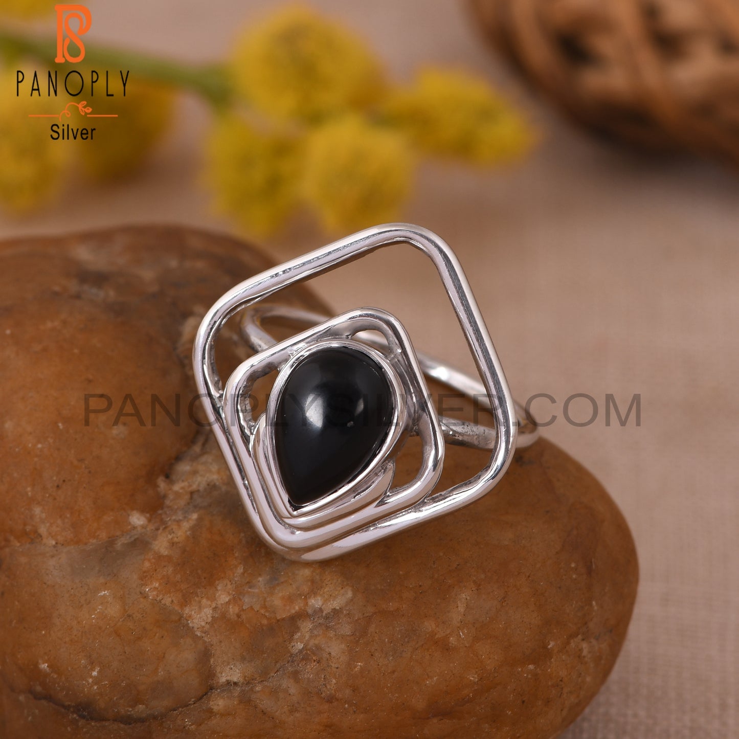 Natural Black Onyx 925 Sterling Silver Square Rings