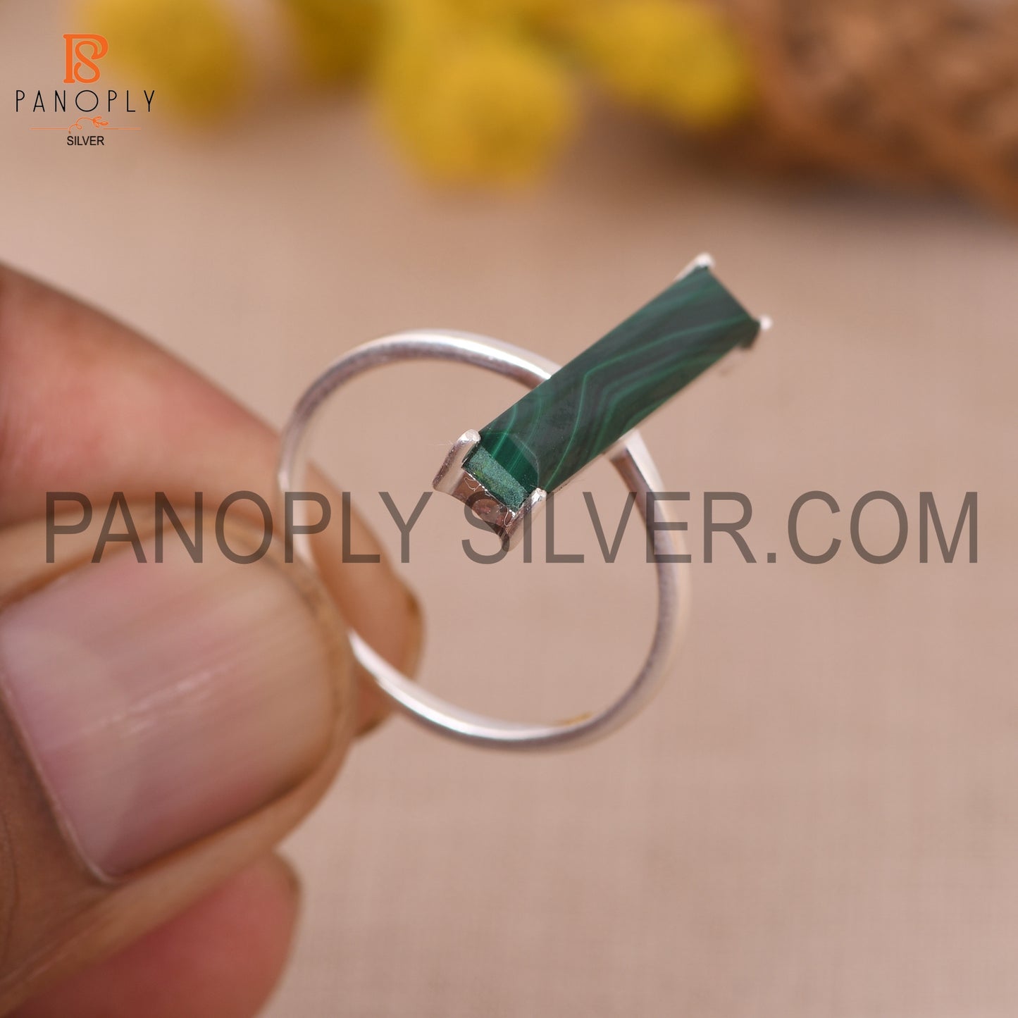 Malachite Gemstone 925 Sterling Silver Bar Ring