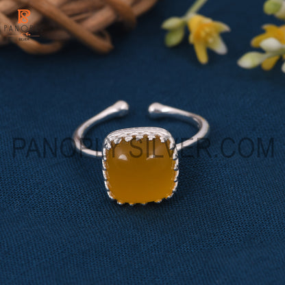 Yellow Chalcedony Stone Openable 925 Silver Ring For Mother Gift