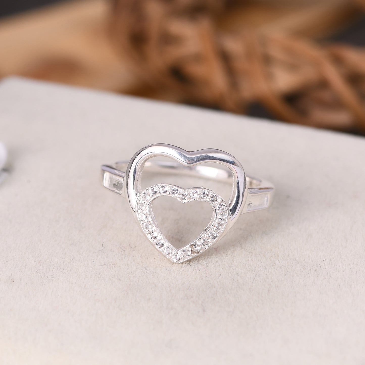 925 Silver White Topaz Gems Double Heart Shape Rings