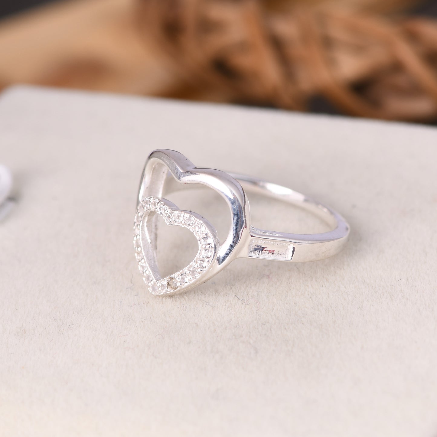 925 Silver White Topaz Gems Double Heart Shape Rings