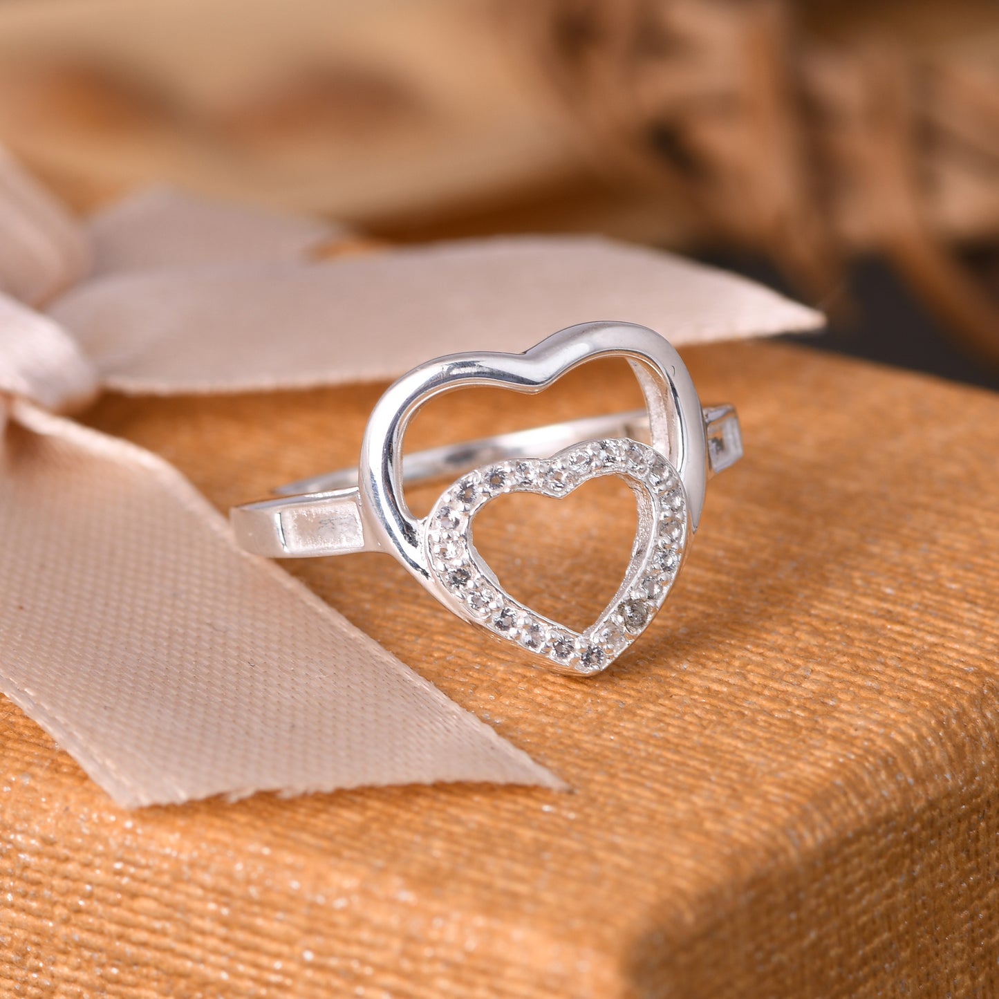 925 Silver White Topaz Gems Double Heart Shape Rings