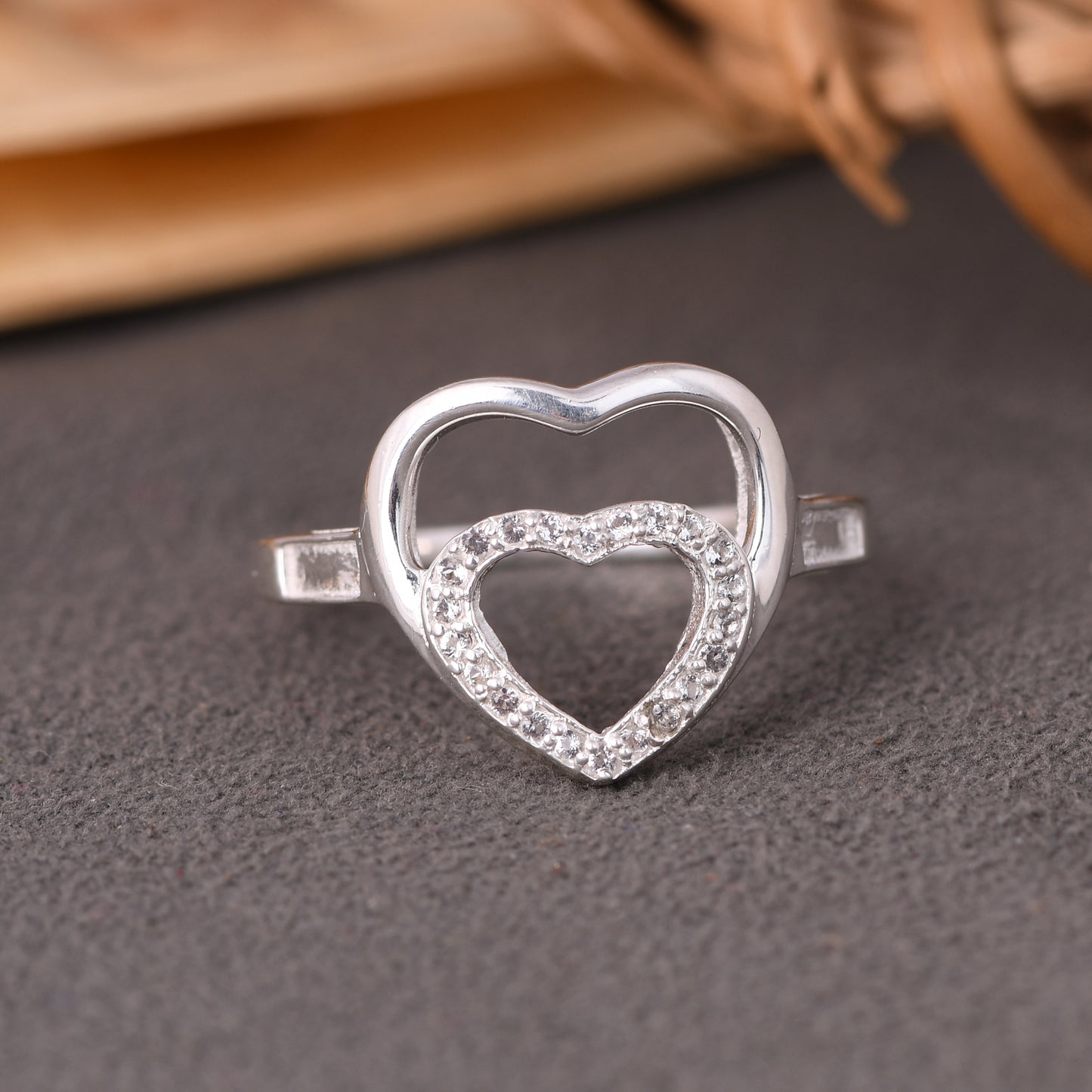925 Silver White Topaz Gems Double Heart Shape Rings