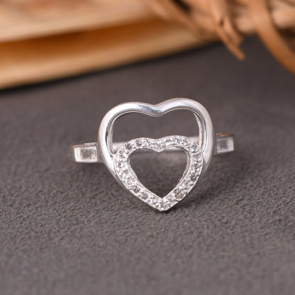 925 Silver White Topaz Gems Double Heart Shape Rings