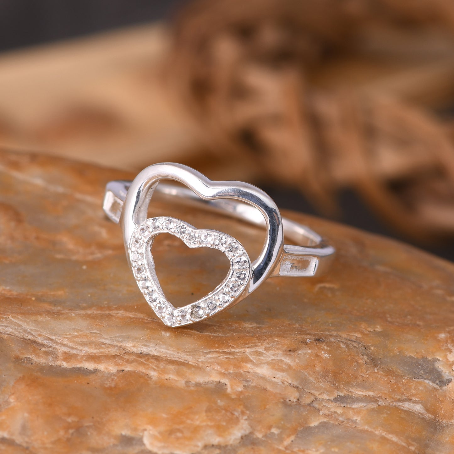 925 Silver White Topaz Gems Double Heart Shape Rings