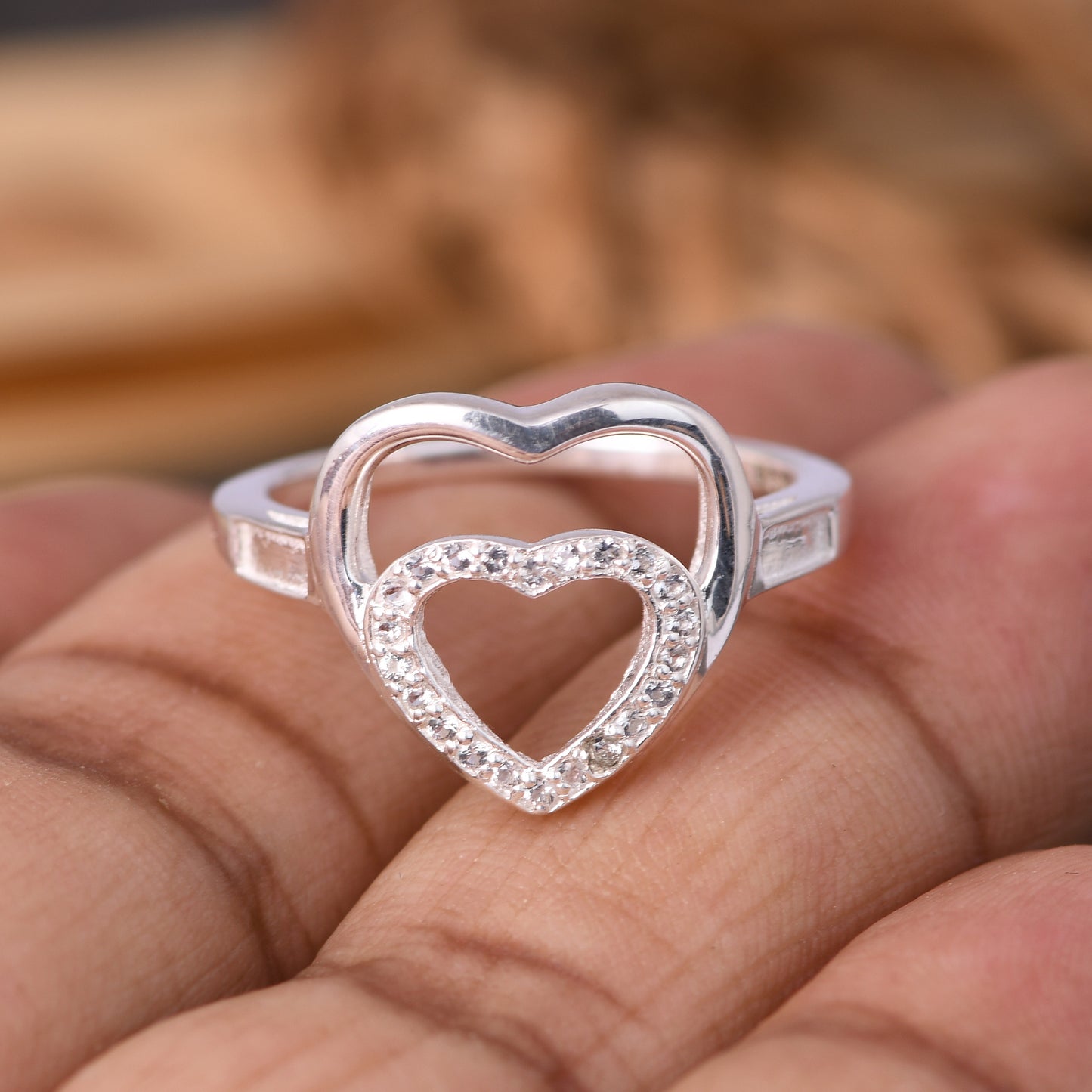 925 Silver White Topaz Gems Double Heart Shape Rings
