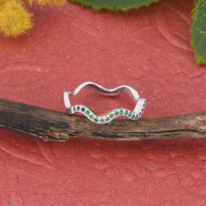 Glass Green Gemstone Wave Band Silver Ring