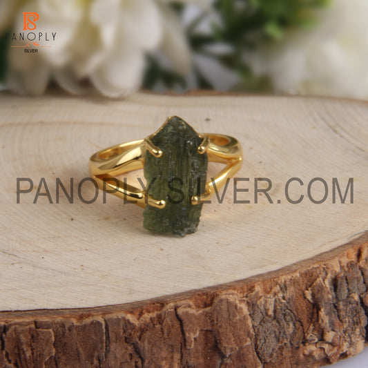 Rough Cut Moldavite 18K Gold Plated 925 Silver Handmade Rings