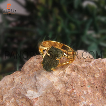 Rough Cut Moldavite 18K Gold Plated 925 Silver Handmade Rings