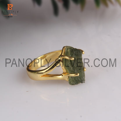 Rough Cut Moldavite 18K Gold Plated 925 Silver Handmade Rings