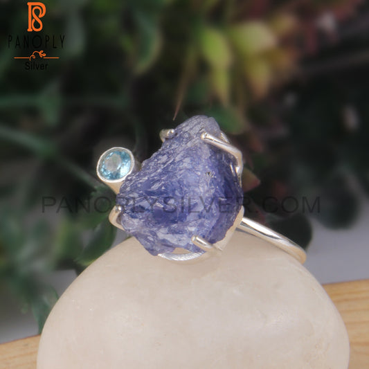 Blue Topaz & Tanzanite Rough 925 Sterling Silver Rings