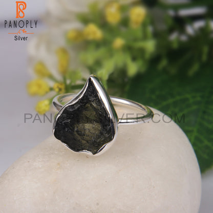 Rough Moldavite Sterling Silver Ring For Gift