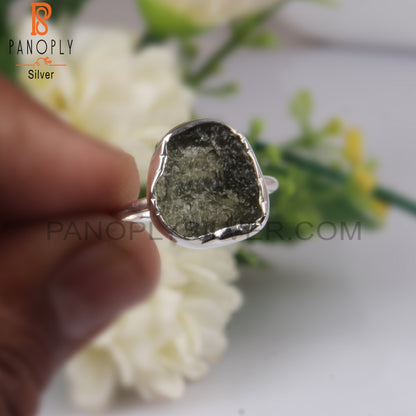 Rough Moldavite Sterling Silver Ring For Gift