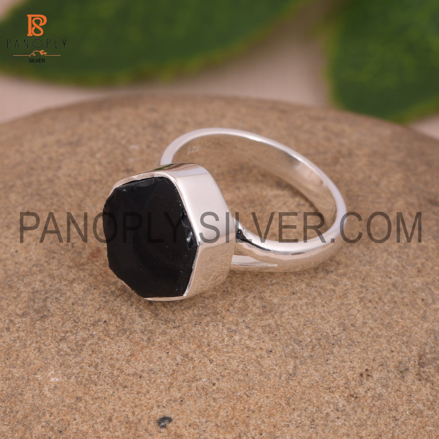 Split Band Black Obsidian Stone Dome Silver Ring