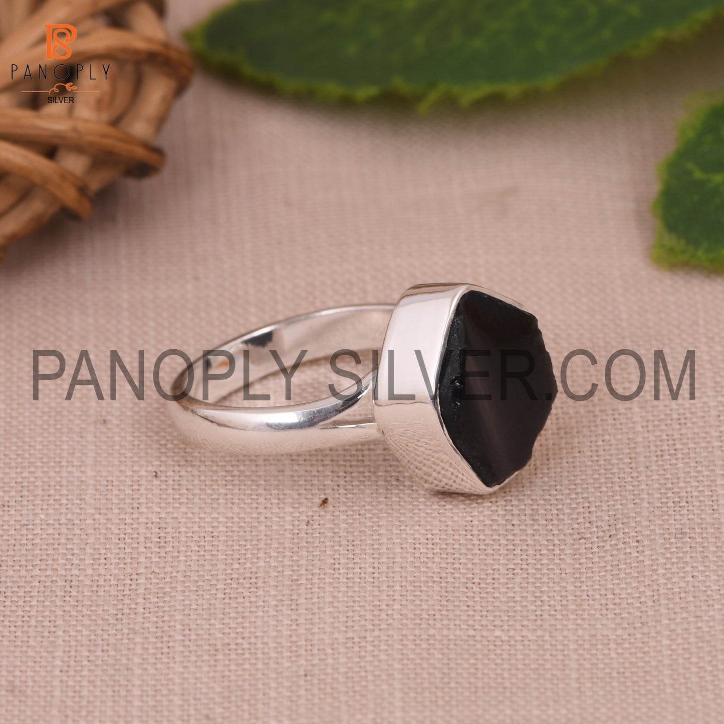 Split Band Black Obsidian Stone Dome Silver Ring