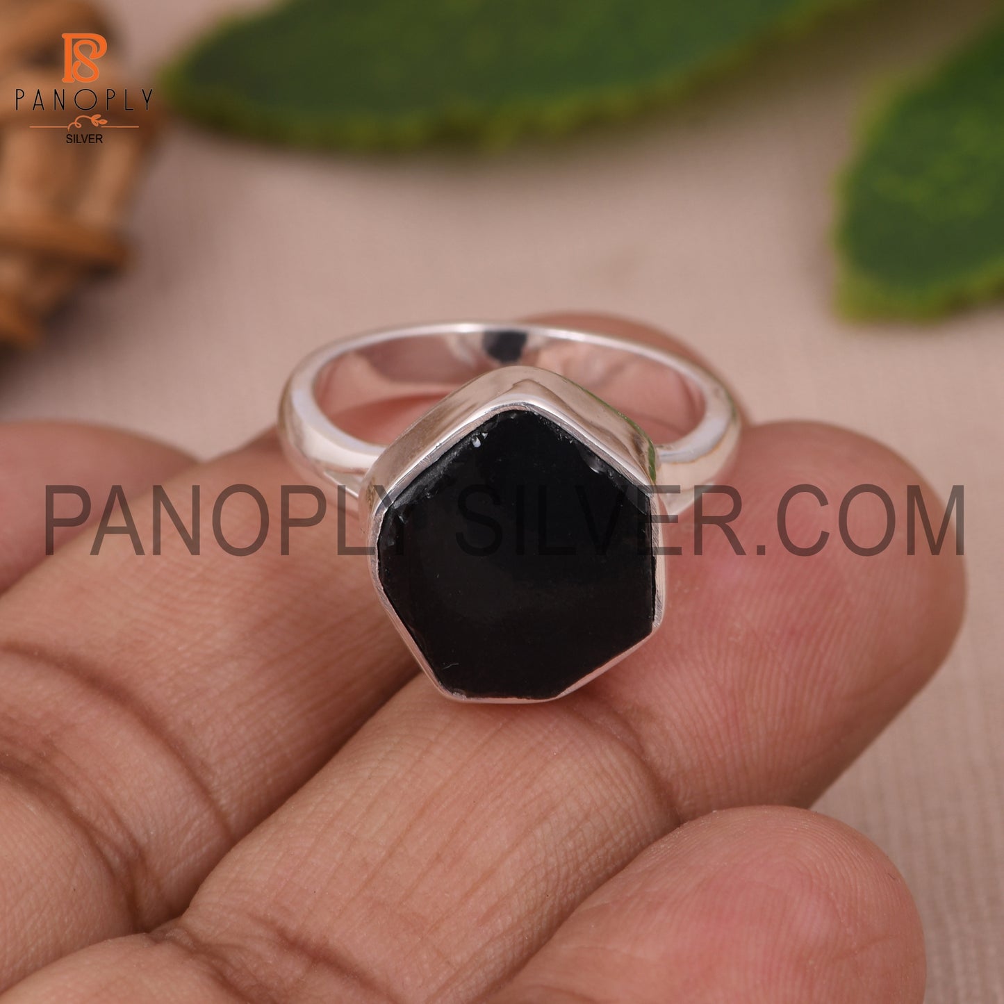 Split Band Black Obsidian Stone Dome Silver Ring
