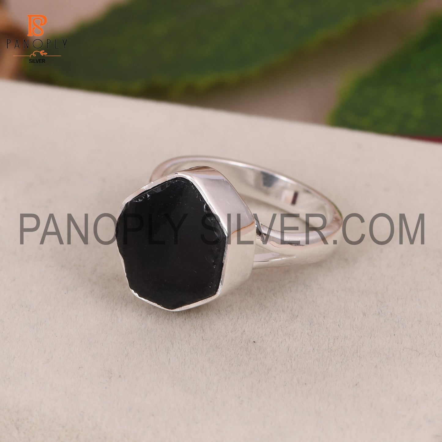 Split Band Black Obsidian Stone Dome Silver Ring