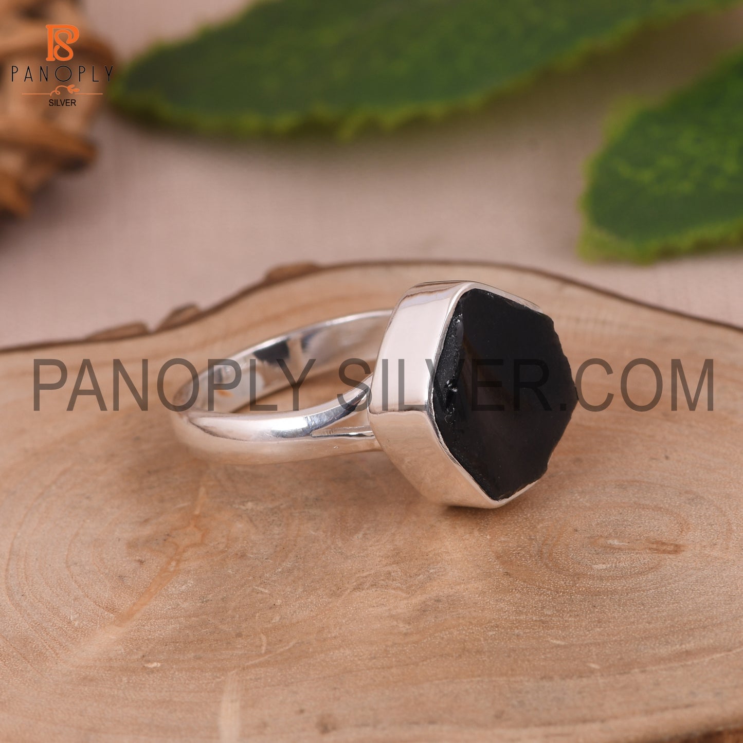 Split Band Black Obsidian Stone Dome Silver Ring