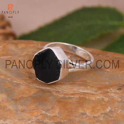 Split Band Black Obsidian Stone Dome Silver Ring