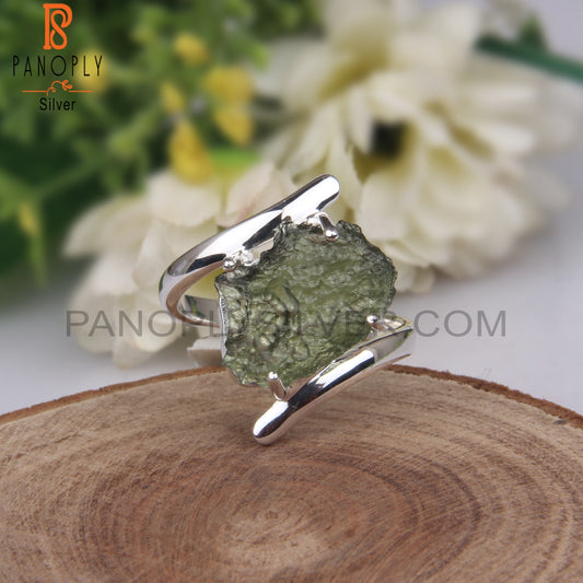 Moldavite Rough 925 Sterling Silver Bypass Ring