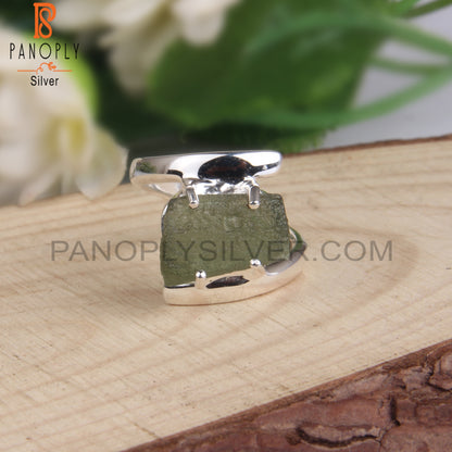 Moldavite Rough 925 Sterling Silver Bypass Ring