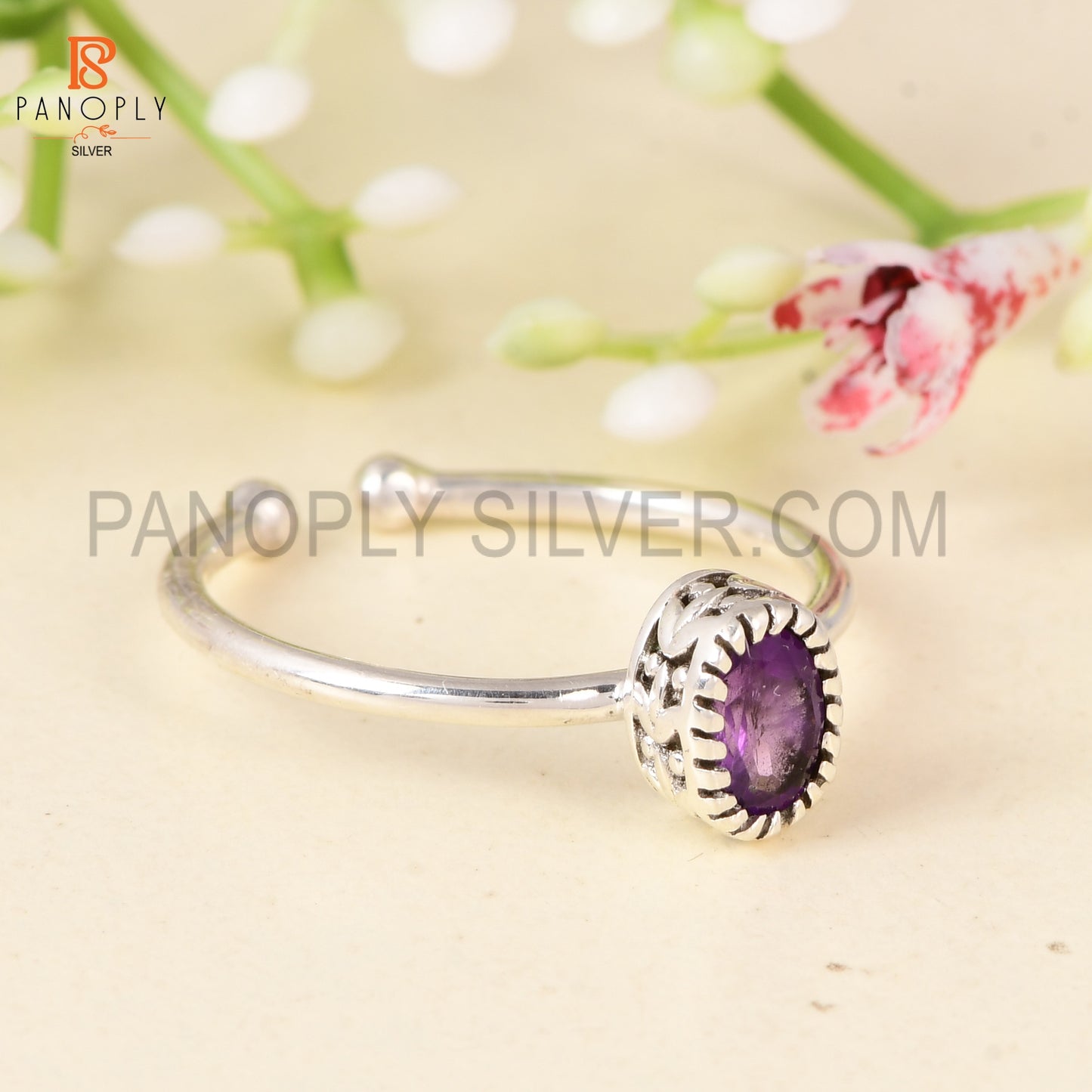 Panoply 925 Sterling Silver Amethyst Gemstone Adjustable Ring for Women