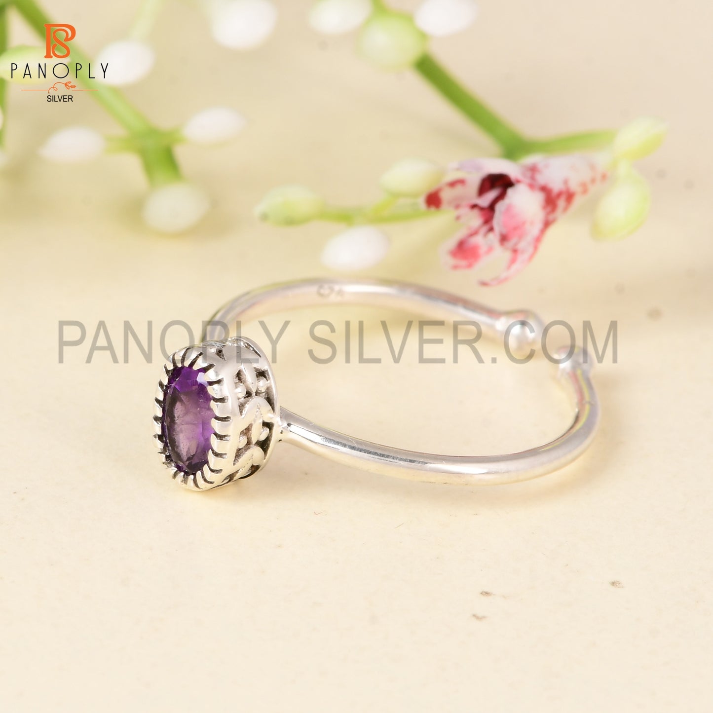 Panoply 925 Sterling Silver Amethyst Gemstone Adjustable Ring for Women