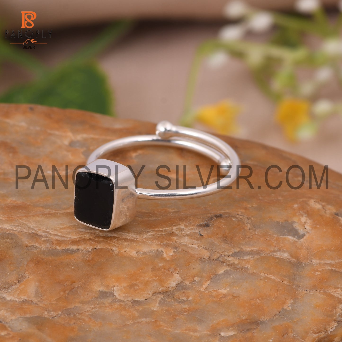 Adjustable Black Obsidian Stone 925 Silver Ring