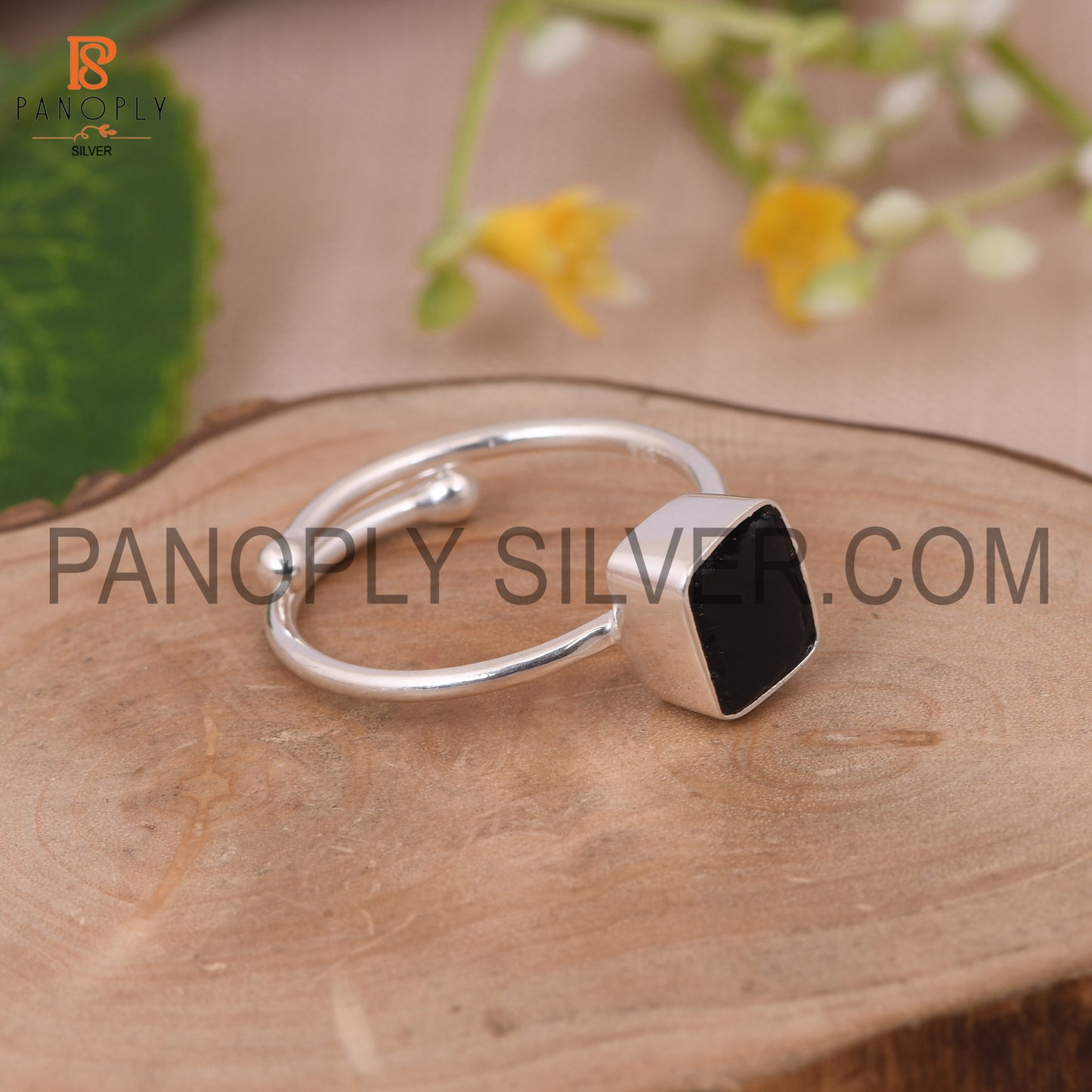 Adjustable Black Obsidian Stone 925 Silver Ring
