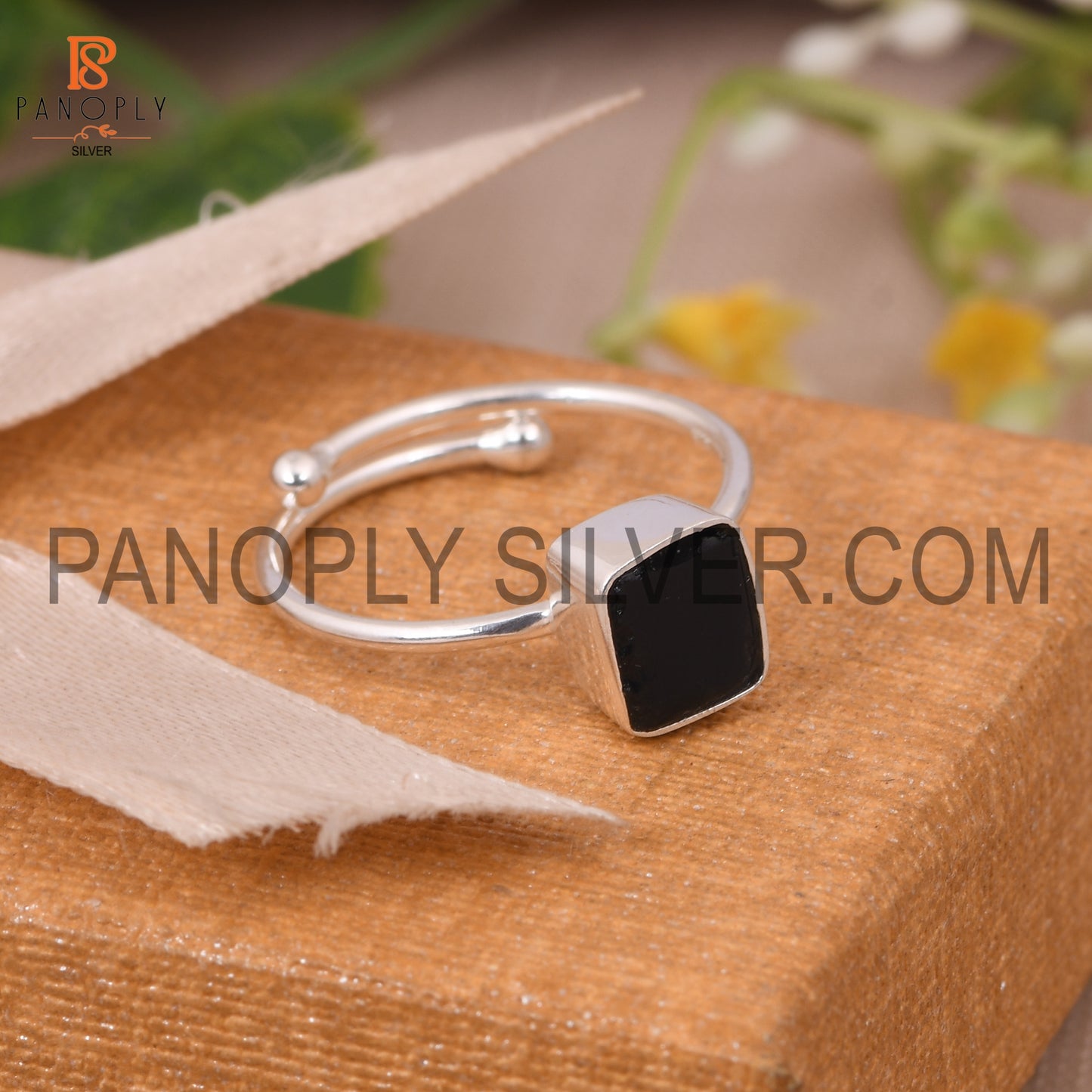 Adjustable Black Obsidian Stone 925 Silver Ring