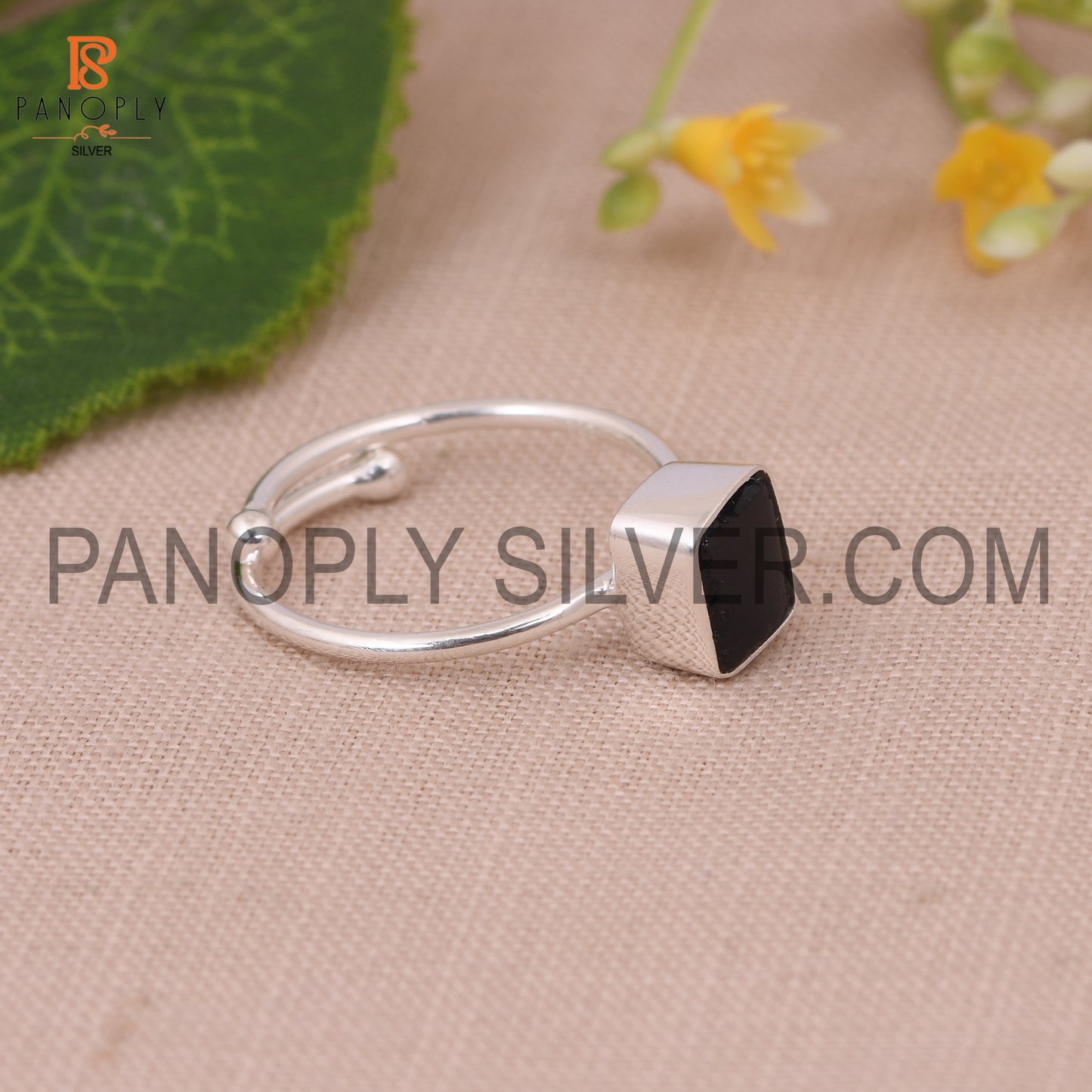 Adjustable Black Obsidian Stone 925 Silver Ring