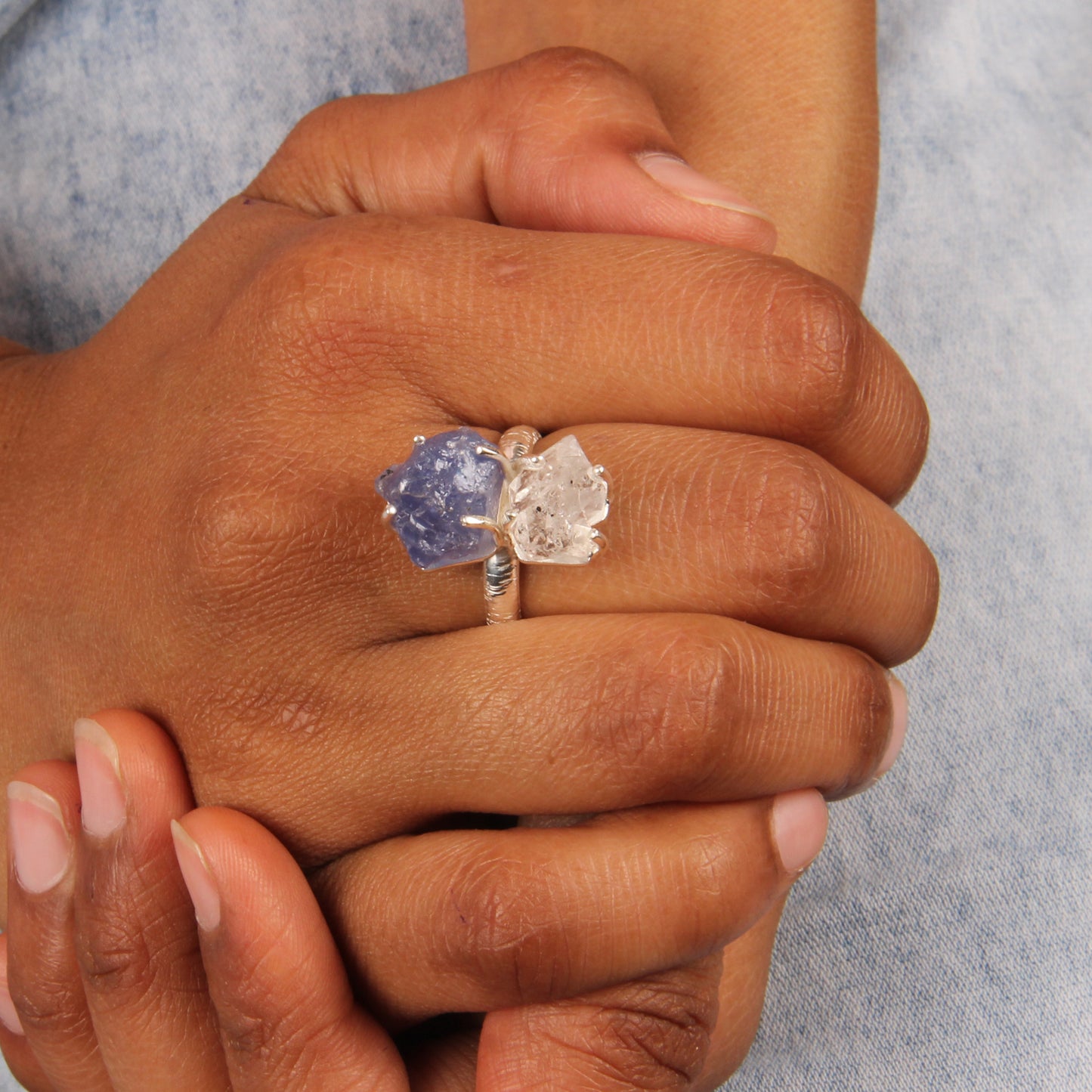 Herkimer Diamond & Tanzanite 925 Silver Ring For Gift